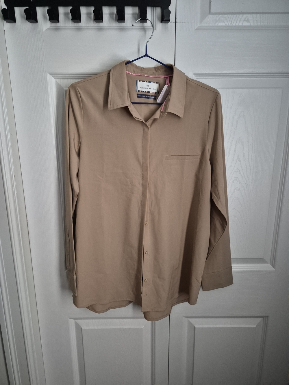 Lightweight Tan Button-Front Blouse with Point Collar